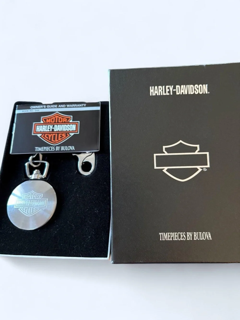 Harley-Davidson Bulova Pocket Watch & Silver Anniversary Emblem Pin riding bell